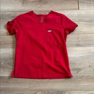 Figs Red V-Neck Short Sleeve Scrub Top with Chest Pocket